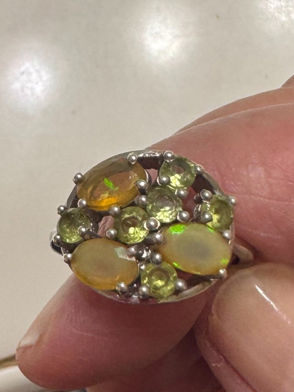 Stunning Faceted Ethiopian Opal Peridot Ring- Sterling Silver. Size 7.